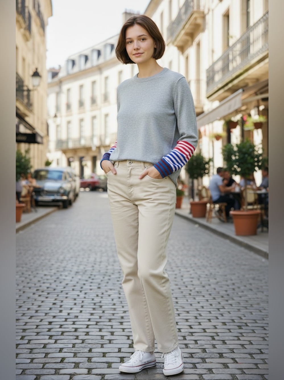 Boden Grey Annie Sweater with Multicolor Striped Cuffs Wool Blend size S